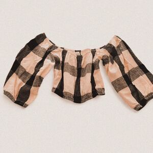 Laude the Label 100% Cotton Checkered Off-Shoulder Puff Sleeve Top Cottagecore S